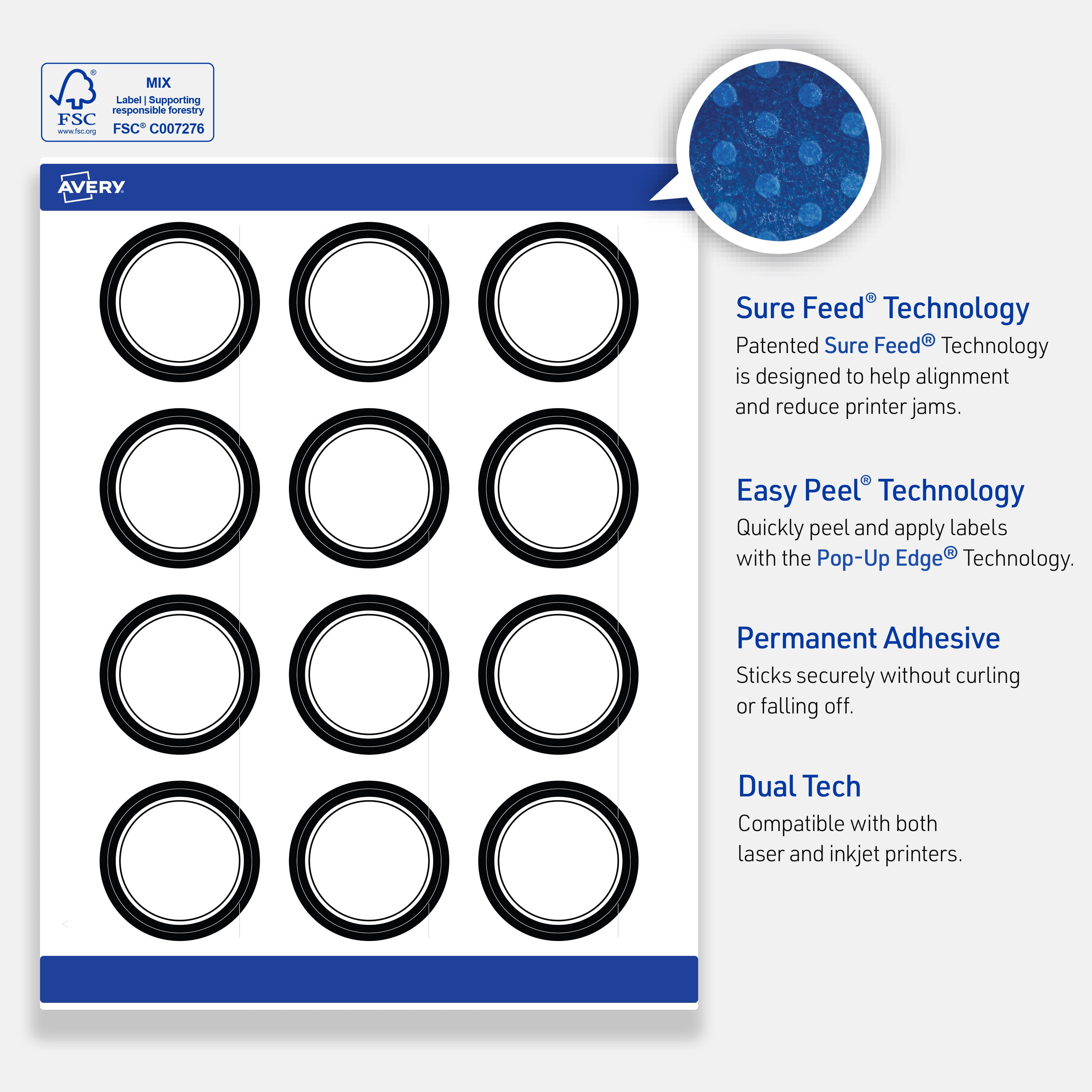 Avery Labels, 2" Diameter, Double Black Border, Glossy White, 120ct