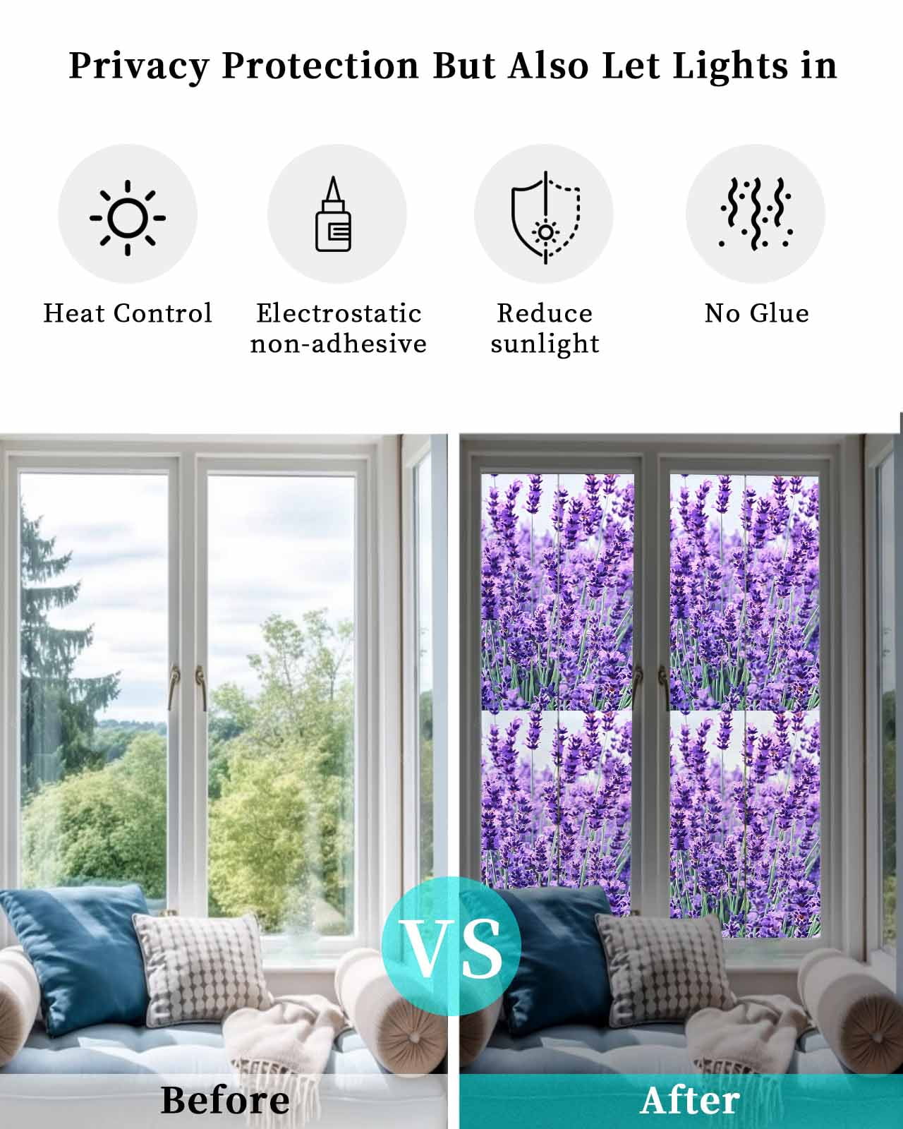 Window Privacy Film Lavender Botanical Art Stained Glass Window Film Decorative Sun Block Window Cover Verdant Flower Purple Window Clings Static Adhesive Sticker for Bathroom 23.6"x78.7"