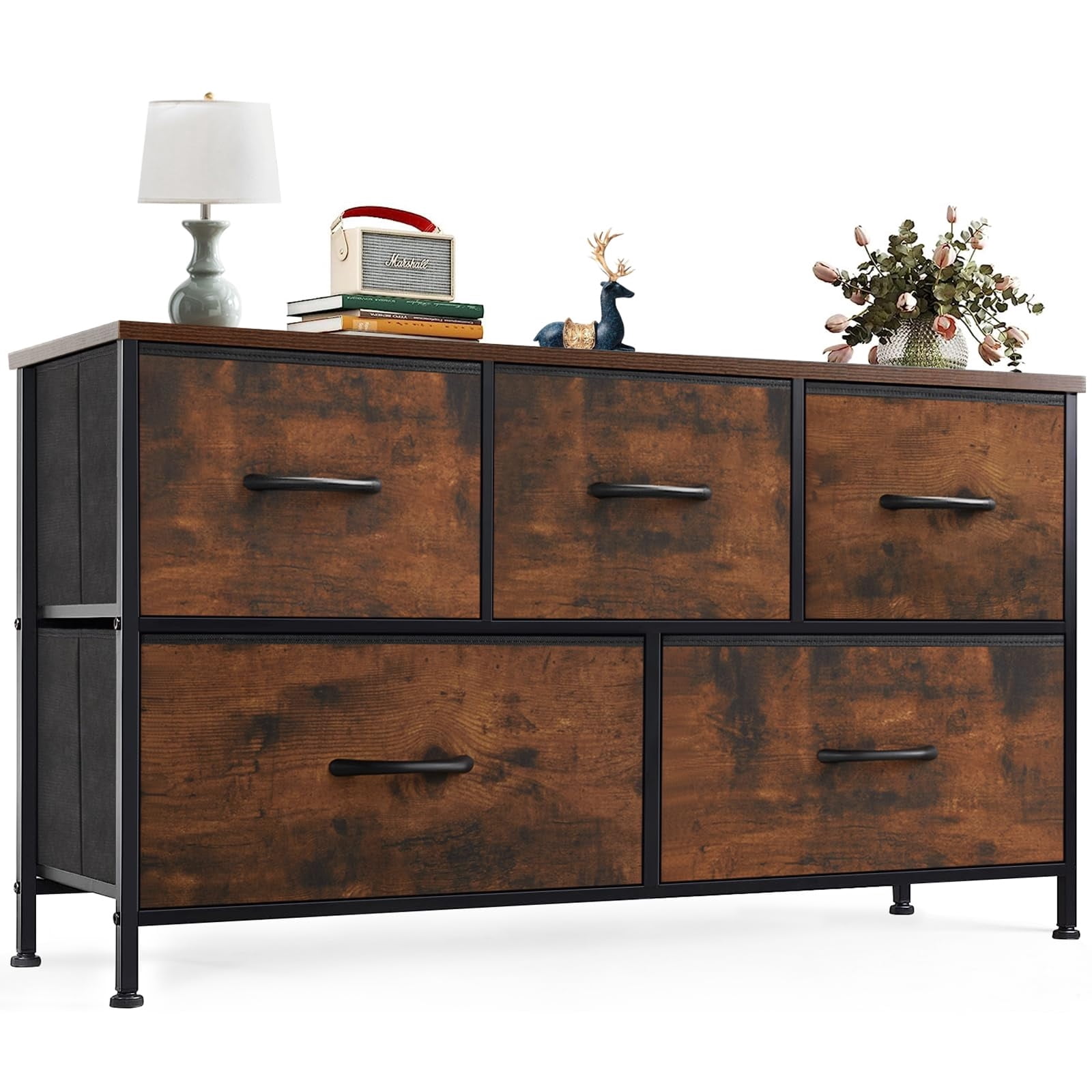 Telyra 5-Drawer Fabric Dresser TV Stand Organizer with Wood Top and Metal Frame, Rust
