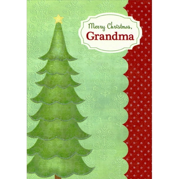 Designer Greetings Tall Tree on Light Green : Dark Red Border with Sparkles Grandma Christmas Card