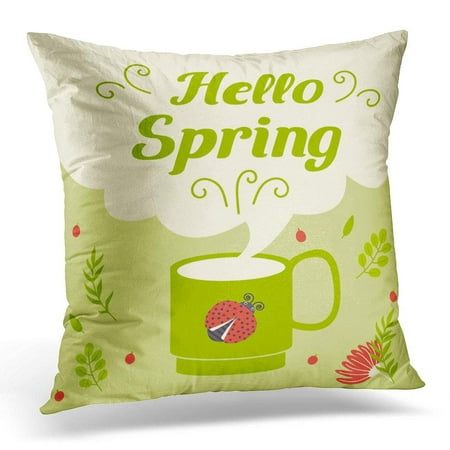 - CMFUN Animal Hello Spring Cup of Coffee with Lady Bug Clouds Flowers Leaves and Berries Flat Style April Pillow Case Pillow Cover 18x18 inch