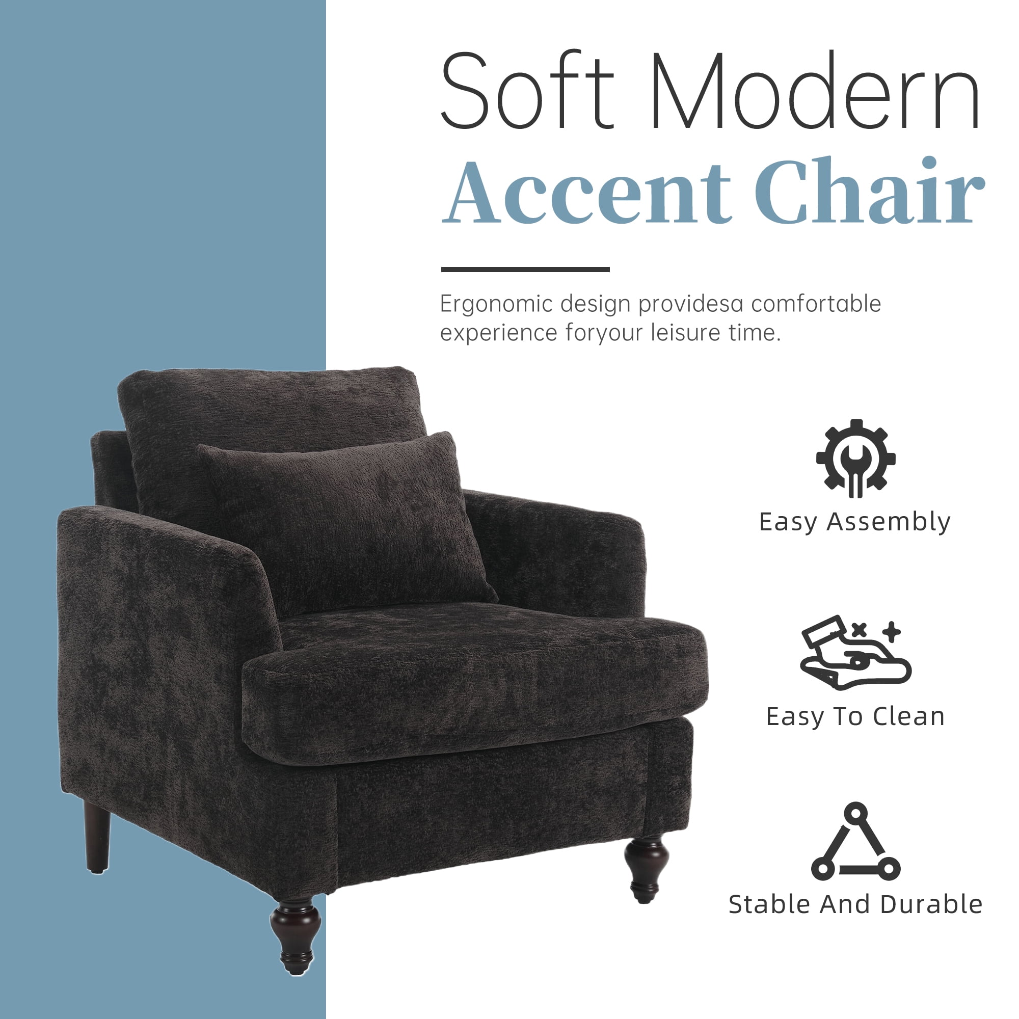 MOONMISS Chenille Upholstered Mid Century Modern Wood Frame Armchair-BLACK