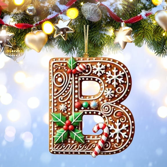 Personalized Christmas Letter B Ornament, DIY Gingerbread Acrylic Alphabet Decoration with Holly and Candy Cane, Hanging Tree Gift Tag for Party