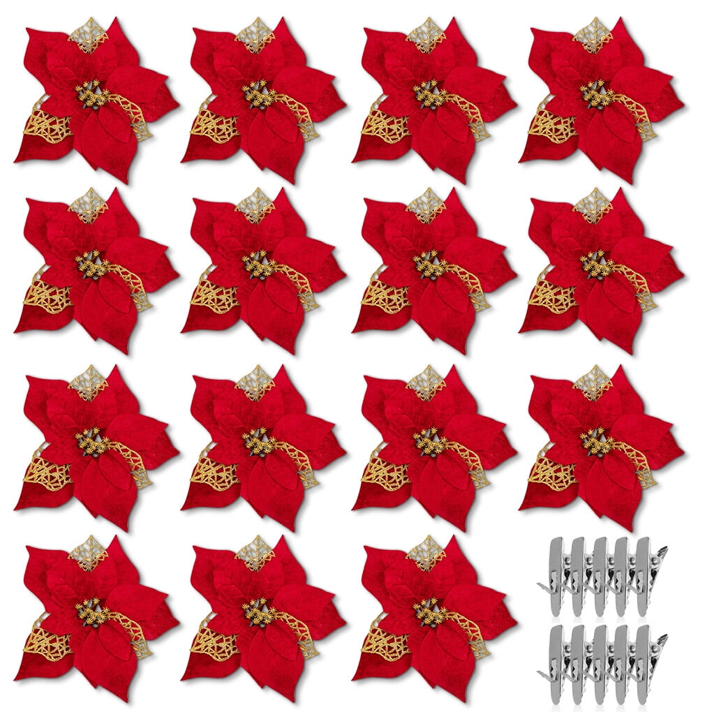 Haillom 15 Pieces Poinsettia Artificial Christmas Flowers Decorations Xmas Tree Ornaments Red Glitter Gold with Clips