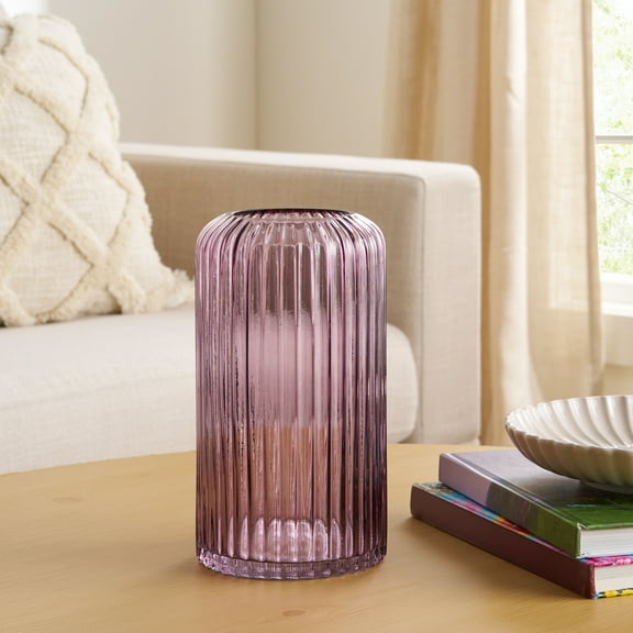 Better Homes & Gardens 9.8" Pink Ribbed Cylinder Glass Vase