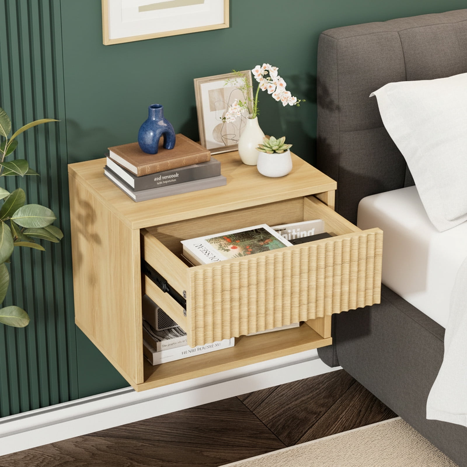 Zimtown Fluted Floating Nightstand Set of 1, End Table Wooden Bedside Table Large Capacity Easy to Assemble, Oak