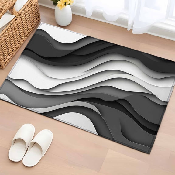 Rectangle Rug 2x3ft Area Rug, Abstract Grey White Black Waves Area Rugs for Living Room Bedroom, Gradient Line Floor Mat Non-Slip Non-Shedding Carpet Indoor Accent Rugs