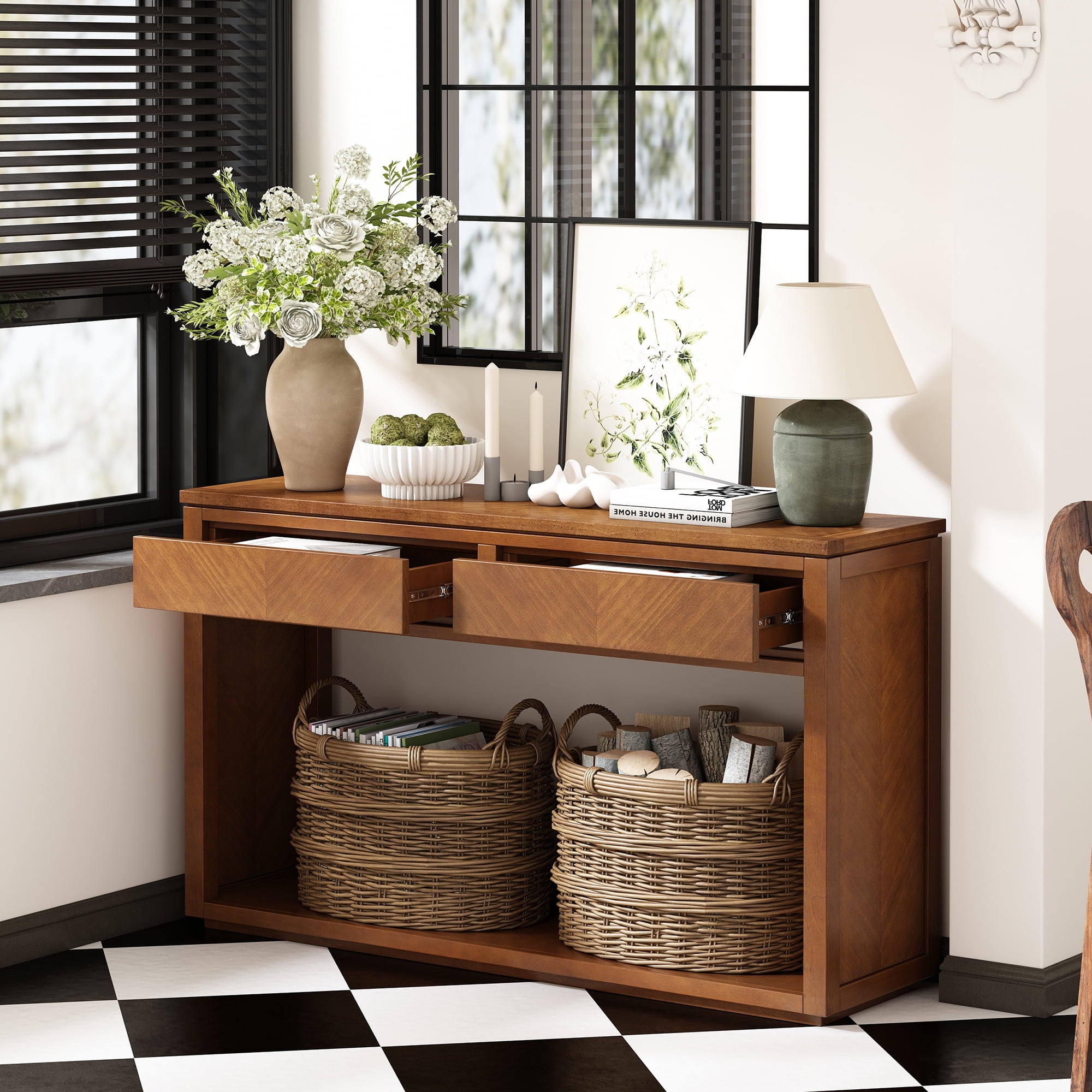 EUROCO 55" Long Console Table with 2 Drawers,Wooden Entryway Table with Open Storage Shelf, Sofa Table Behind Couch Foyer Tables for Living Room Hallway Entrance,Honey