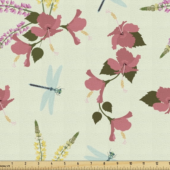 Dragonfly Sofa Upholstery Fabric by the Yard, Exotic Hibiscus Petals Rainforest Flowers Blossoming Tropic Spring, Decorative Fabric for DIY and Home Accents, Pale Green and Multicolor by Ambesonne