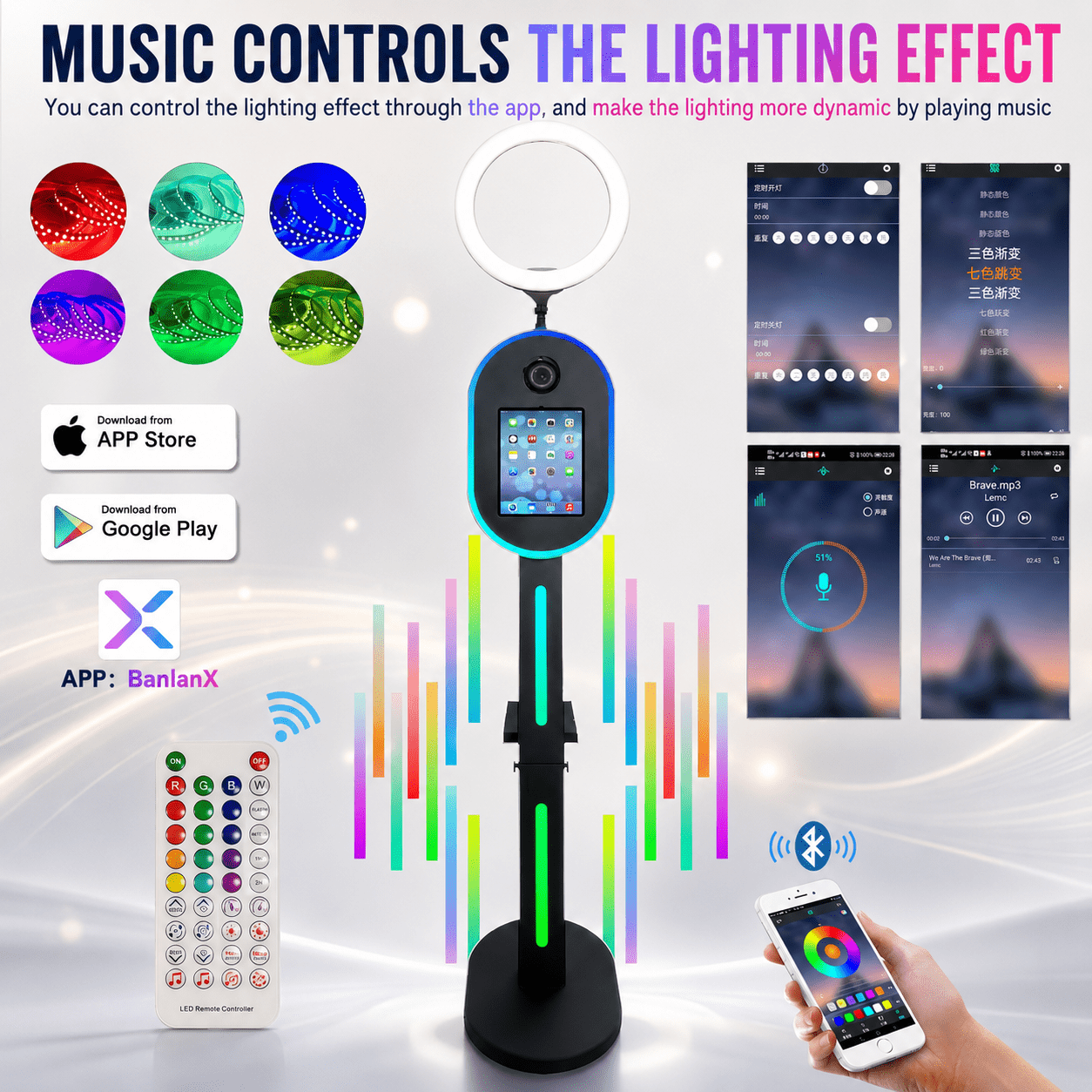 2-in-1 Photo Booth for iPad 10.2" 10.9" 11" 12.9" and DSLR Camera, RGB Ring Light Selfie Station with Music Sync, Custom Logo Light Box and Flight Case for Event Rental Business