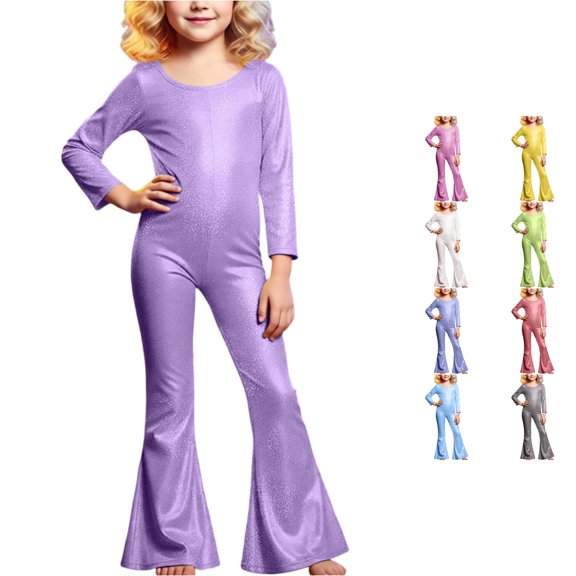 Krdevn Kids Shiny Stretch Jumpsuit, Long Sleeve Round Neck Flare Bell Bottom Dancewear for Boys Girls Stage Performance,Purple