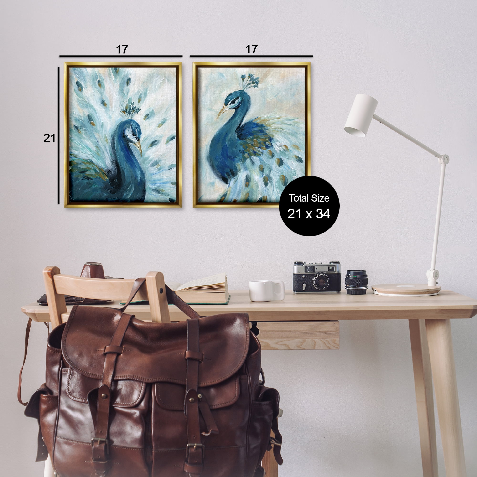 Stupell Industries Gentle Pretty Peacocks Animals Painting Gold Floater Framed Canvas Art Print Wall Art, 17 x 21, Set of 2