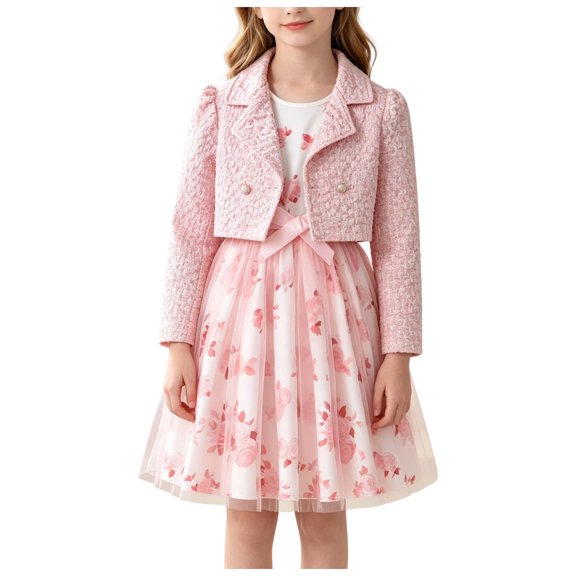 Vdoaml Girls Long Sleeve Jacket Floral Print Tulle Sleeveless Dress 2 Piece Outfit Kids Fall Sweet Dressy Set 7-8 Years Pink