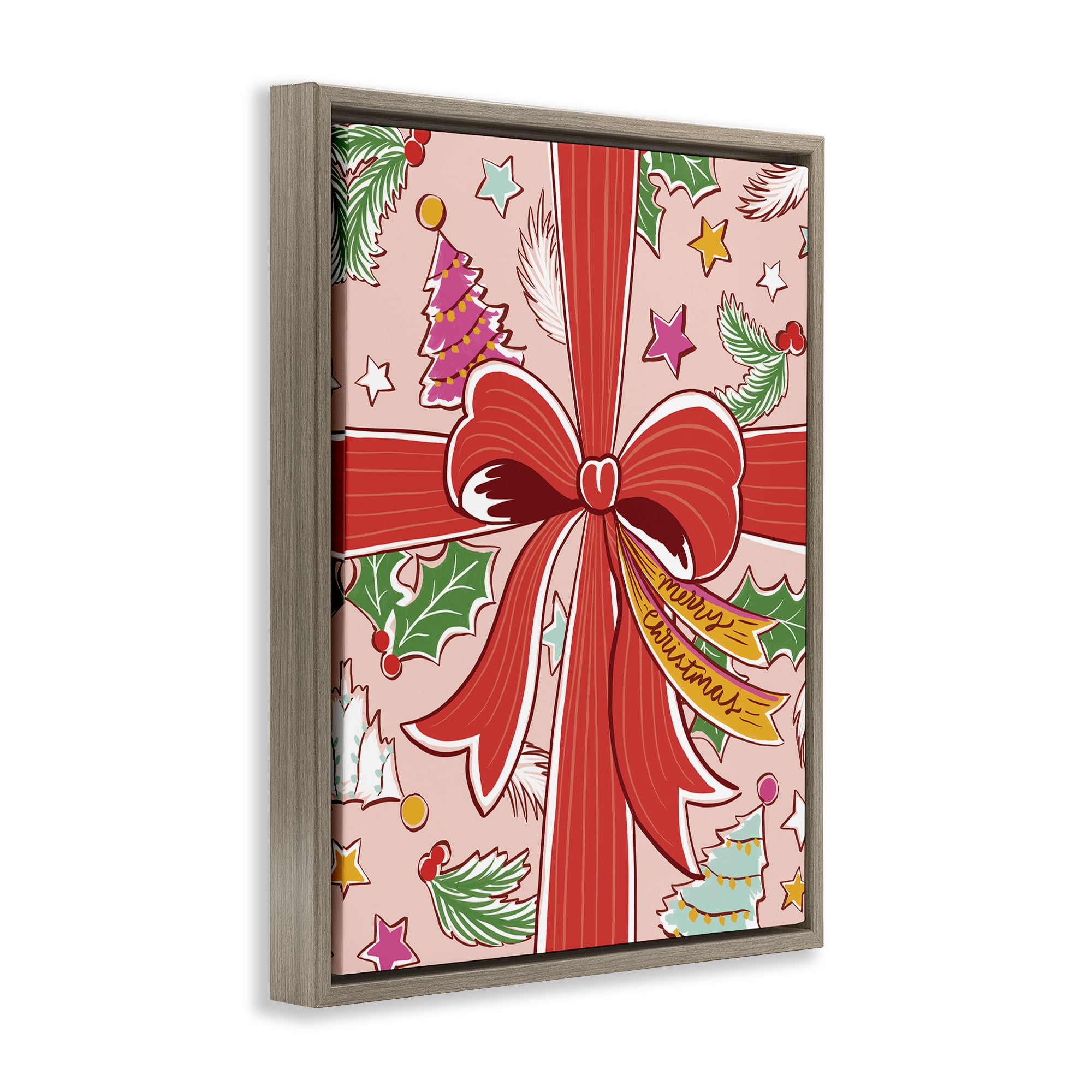 Stupell Industries Christmas Bow and Trees Holiday Painting Brown Floater Framed Canvas Art Prints Wall Art, 25 x 31