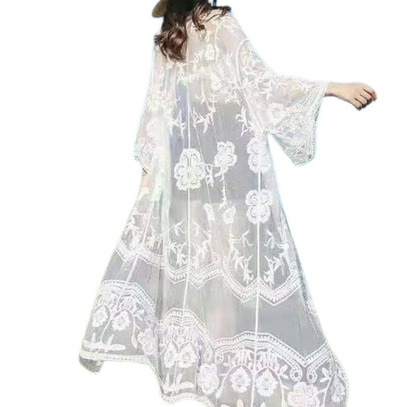 RABBITH Women Summer Embroidery Lace Kimono Cardigan See-Through Mesh Long Bikini Cover Up Tie Open Front Crochet Beach Blouse
