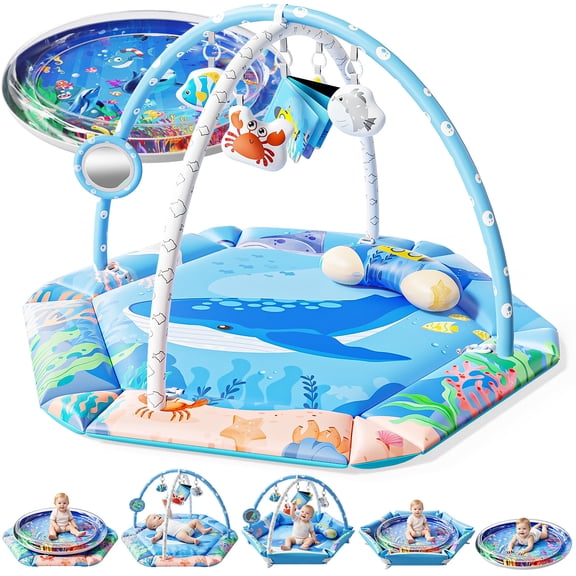 WonderStone 9-in-1 Baby Gym Play Mat, Tummy Time Water Mat with 6 Hanging Toys & Pillow, Baby Toy Gift for Ages 0-18 Months, Blue
