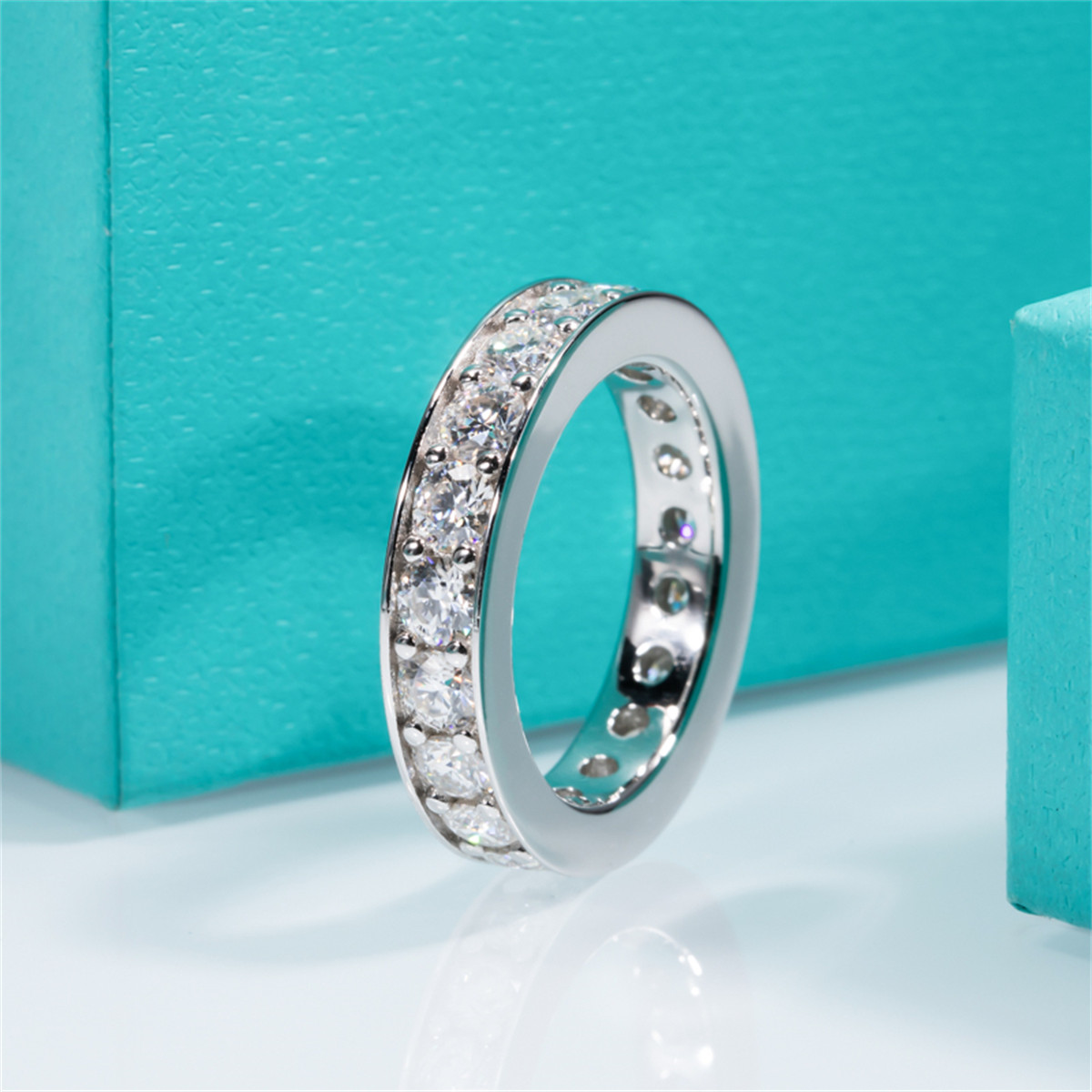 AnuClub 3.5mm Moissanite Wedding Band Channel Ring Total 4.4ct D Color VVS1 Moissanite 18K Gold Plated 925 Sterling Silver Eternity Ring for Women