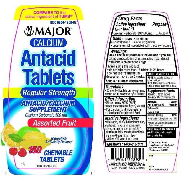 Major Calcium Antacid Tablets Chewable Assorted Fruit Flavors 500 mg 150 Ct Acid Reflux