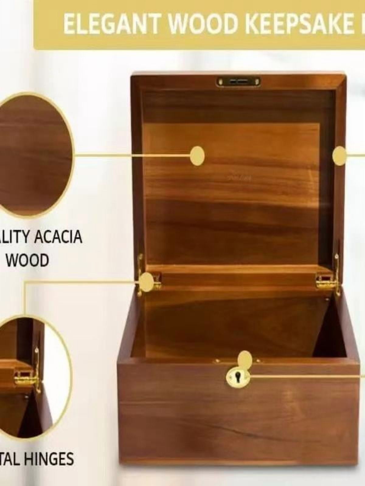 Wood Box Large Decorative Acacia Wooden Storage Hand-Crafted box Locking Key,  Premium Keepsake Memory Chest Gift Boxes, 11 X 8.5 X 5 Inches for Jewelry Photos Valuables (1 pack)