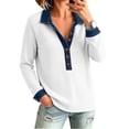 thumbnail image 5 of Womens Waffle Knit Tops Cotton Long Sleeve Denim Patchwork Sweater Collared Button Pullover Casual Fall Tunics, 5 of 5