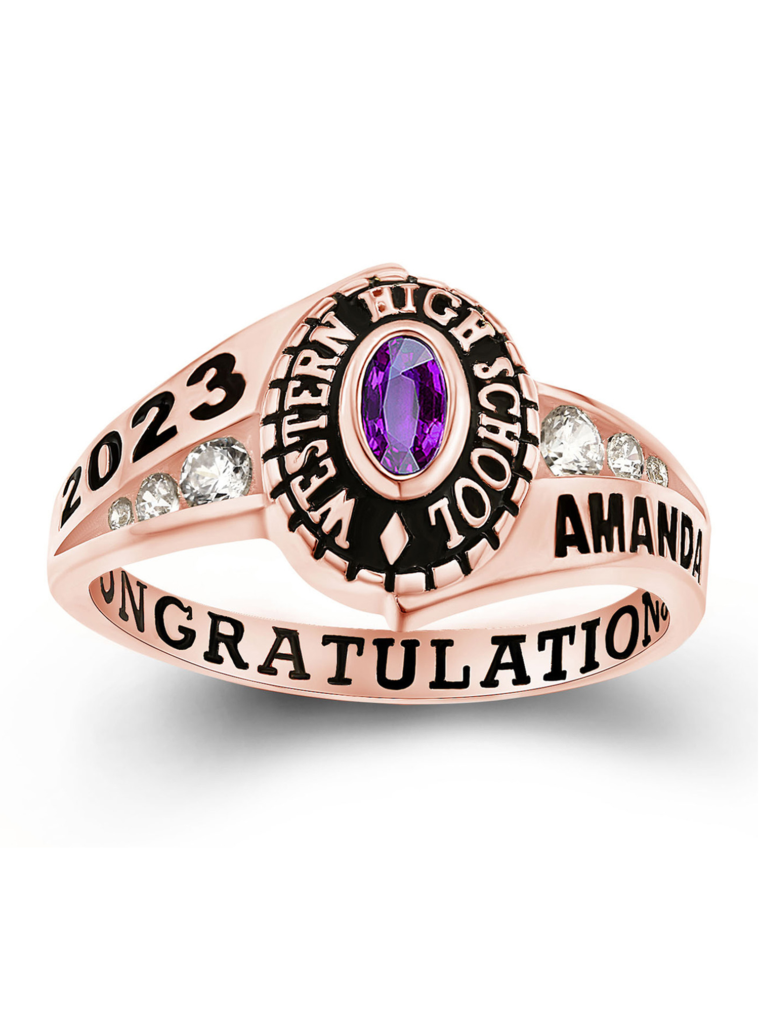 Mementos PJM Custom Women's Class Rings Sterling Silver for High School or College-Rose Gold Plated