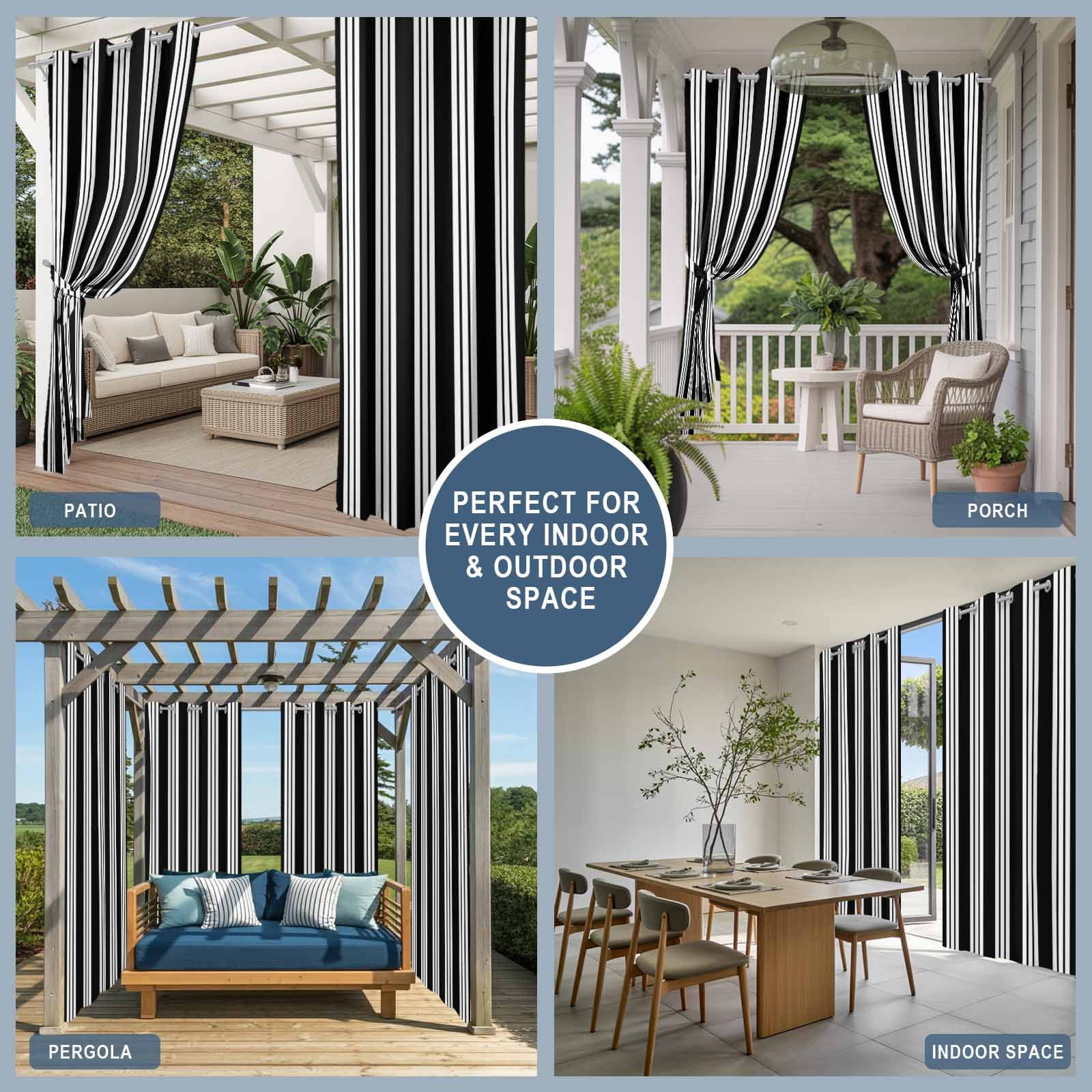Black Striped Outdoor Curtains for Patio, Modern Classic Stripes Rustic Country Farmhouse Sunshade Privacy Drapes Grommet Waterproof Outside Curtains for Porch/Cabana/Balcony 54"x 108", 1 Panel