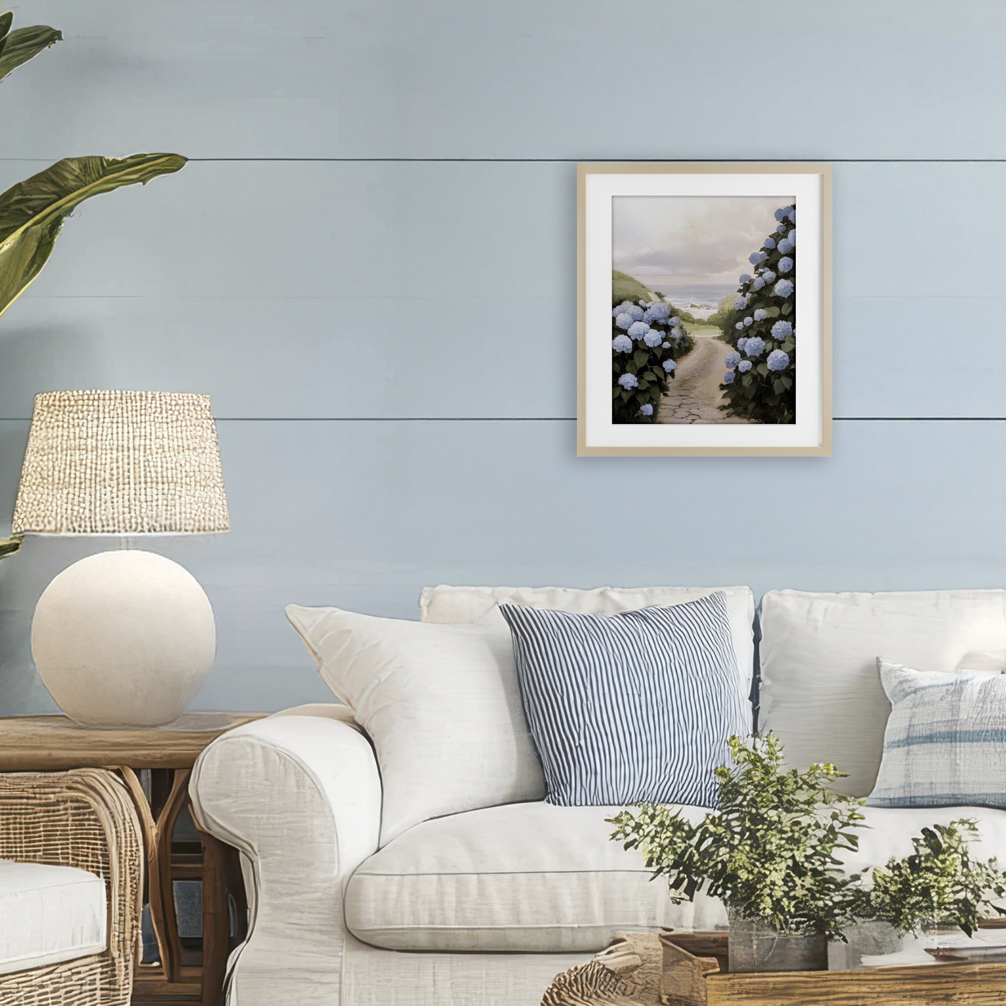 Stupell Industries Coastal Hydrangea Pathway Birch Framed Print Under Glass, design by Sisi and Seb