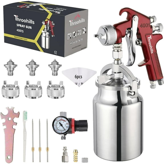 Throohills Siphon Feed Spray Gun Set for Piant with 1.4/1.7/2.0mm Nozzle, 1000cc Cup and 6pcs Paint Strainers for Cars & HousePainting Gun(Red)