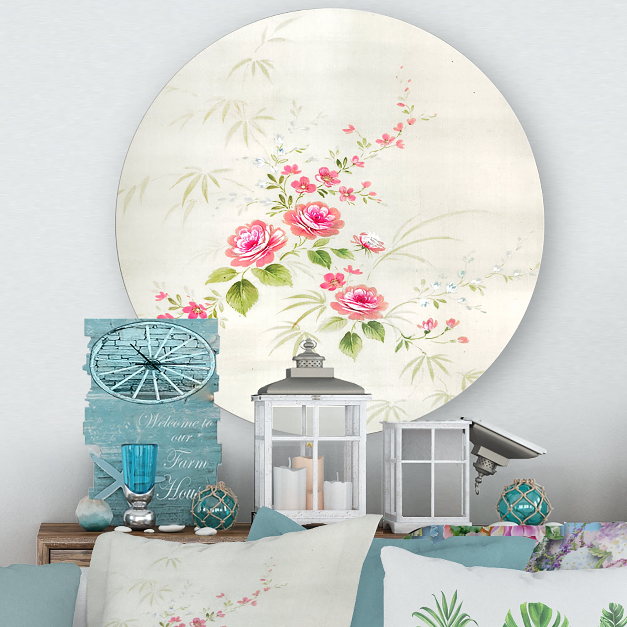 Designart 'Abstract Retro Drawing of Flowers II' Vintage Circle Metal Wall Art 11x11 - Disc of 11