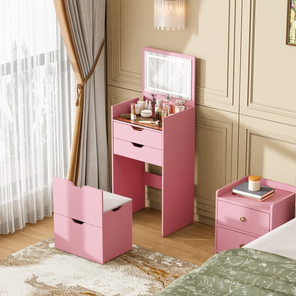 3-in-1 Vanity Desk with Lights & Flip Mirror, Small Makeup Vanity Set with Hidden Stool and Storage Drawers, Space-Saving Dressing Table for Bedroom, Pink