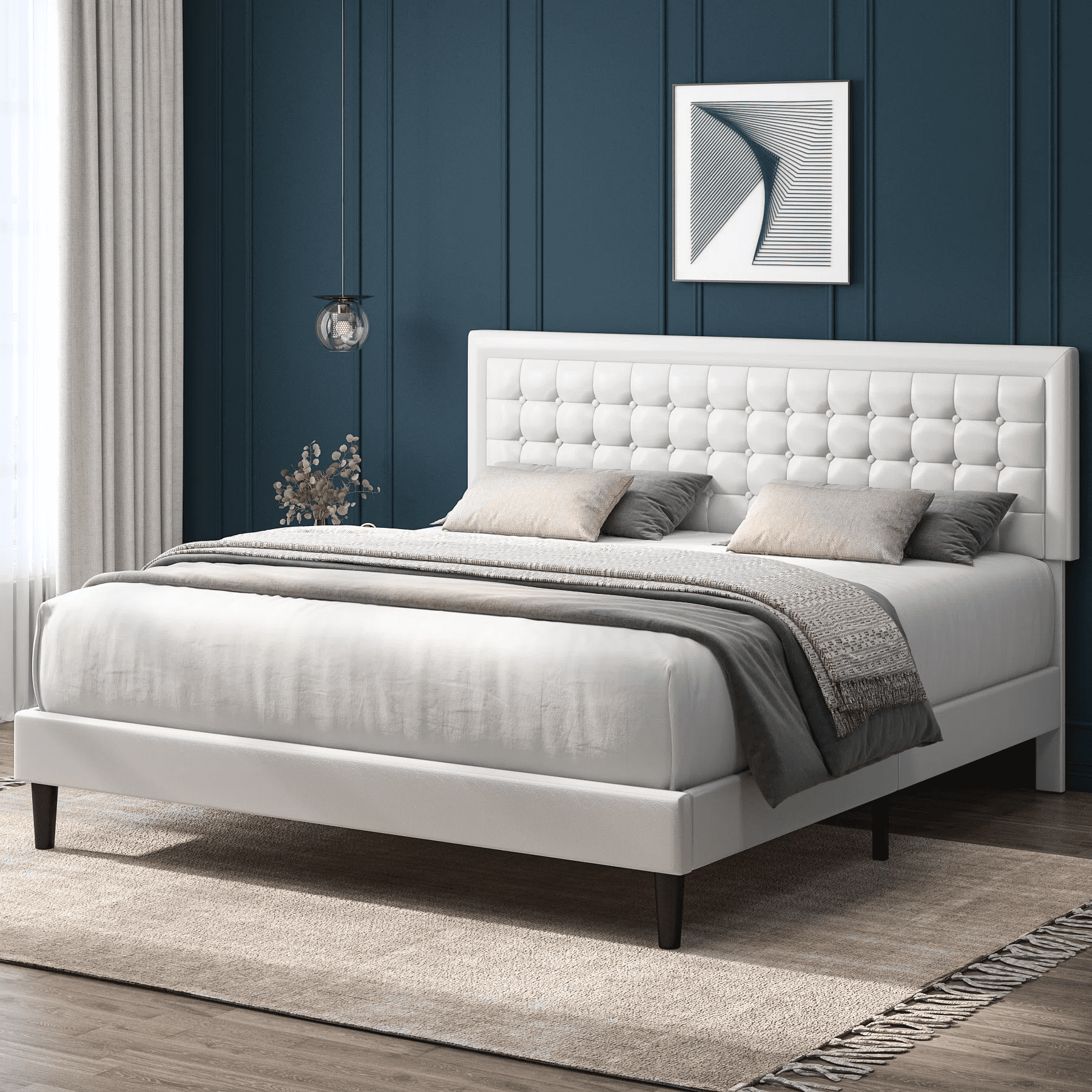 Homfa Queen Size Bed, Button PU Leather Upholstered Platform Bed Frame