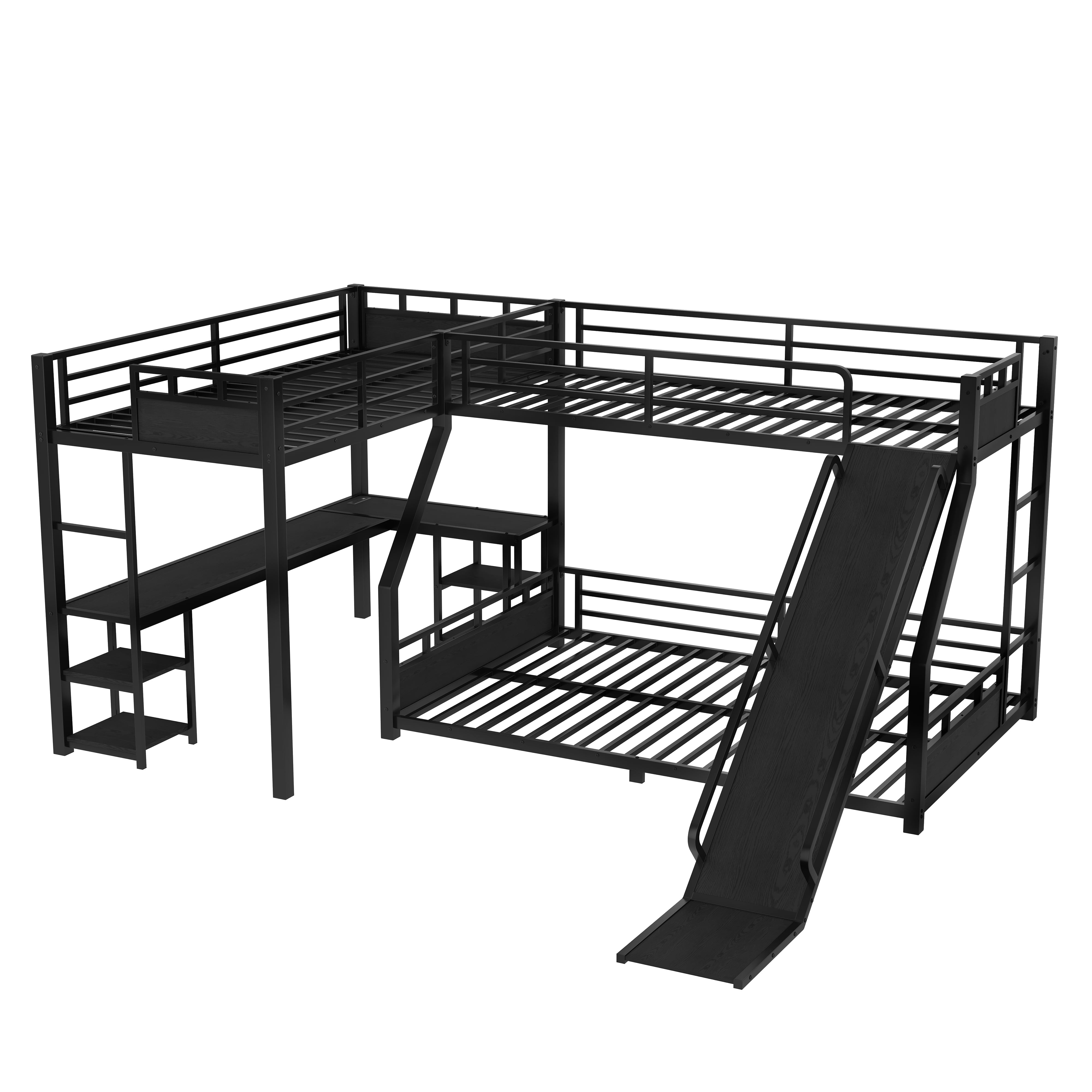 Aukfa L-Shaped Metal Triple Bunk Bed with Desk, Shelves, USB Ports and Slide, Twin XL over Queen Bunk Bed for Three Kids, Black