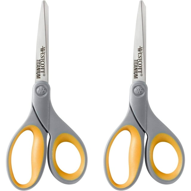 Westcott 13901 8-Inch Titanium Scissors For Office and Home, Yellow/Gray, 2 Pack