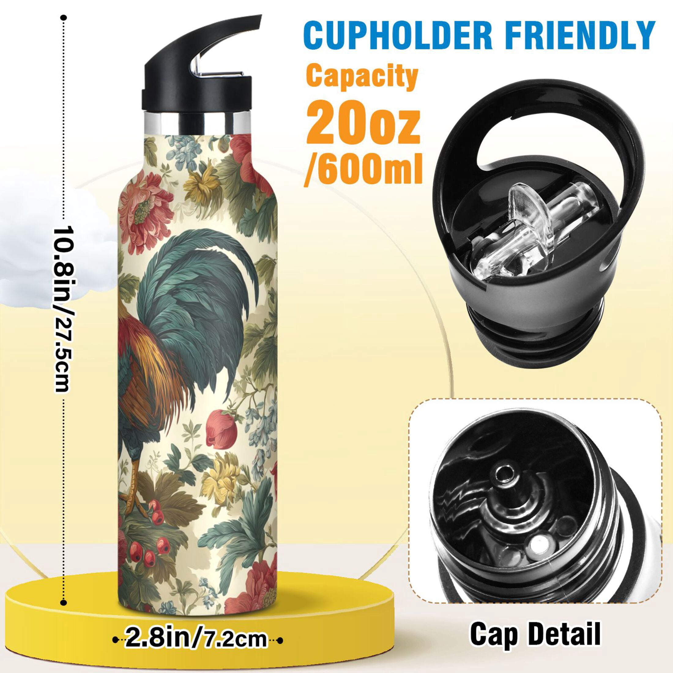 Kids Insulated Stainless Steel Sports Water Bottle 600ml (20oz) Rooster and Vintage Floral
