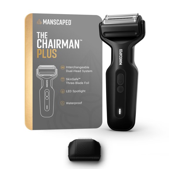 Afeitadora de láminas para hombres MANSCAPED® The Chairman™ Plus: dos cabezales de cuchillas intercambiables, afeitadora de láminas de tres cuchillas SkinSafe® y recortadora de patillas de precisión