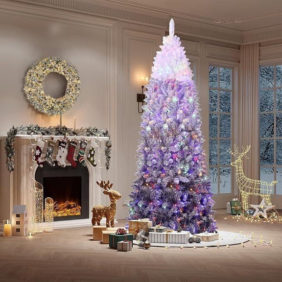 7.5ft Snow Flocked Pencil Christmas Tree, with Sturdy Metal Stand, Skinny Xmas Tree Holiday Decoration for Home, Office, Purple Gradient