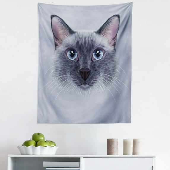 Animal Tapestry, Portrait Image of Thai Siamese Cat with Retro Style Lettering Art, Fabric Wall Hanging Decor for Bedroom Living Room Dorm, 5 Sizes, White Sky Blue and Grey, by Ambesonne