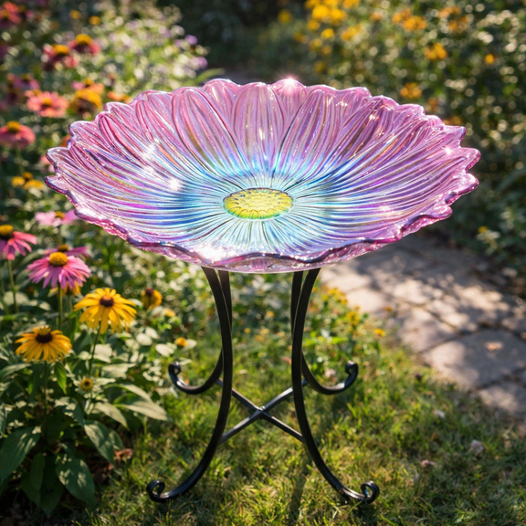 Outdoor Bird Bath, Pink Blue Flower Bird Bath with Metal Stand, Attract Birds, Suitable for Patio Garden Decoration, Outdoor Decoration