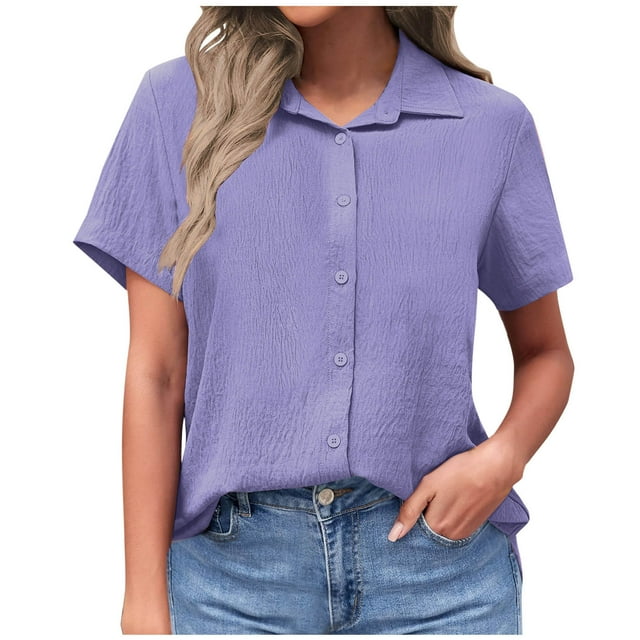 Tumotour Cotton And Linen For Womens Short Sleeve Button Down Shirts Summer Casual Collared V Neck Blouse Linen Loose Work Tops