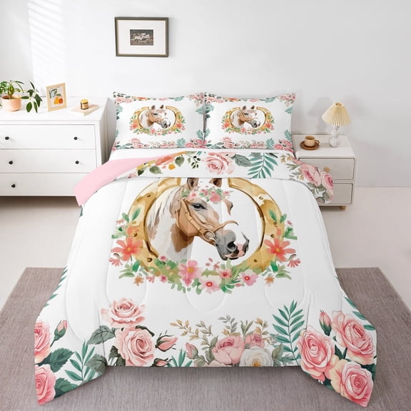 Erosebridal Animal Horse Comforter Sets Queen Size,Pink Flower Bedding Queen Comforter Set,Western Theme Comforters & Duvets,Lightweight Floral Room Decoration,Reversible,3-Piece