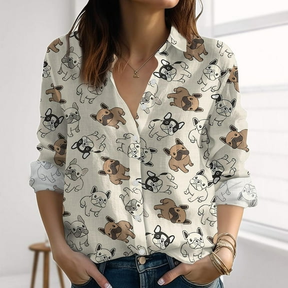 Bulldog Linen-Look Shirt, Funny Dogs Blouses Shirt, Cute Dog Casual Shirt, Retro Button Down Shirt, Summer Clothing For Women, Button Up Shirt, Blouses Tops Women, Gift for Mother