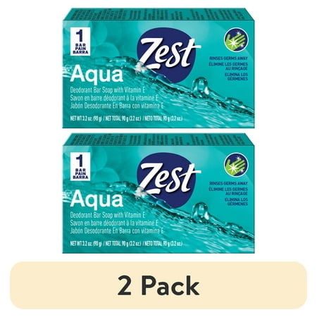 (2 pack) Zest Deodorant Bar Soap, Hydrating Moisture for All Skin Types, Aqua, 3.2 oz