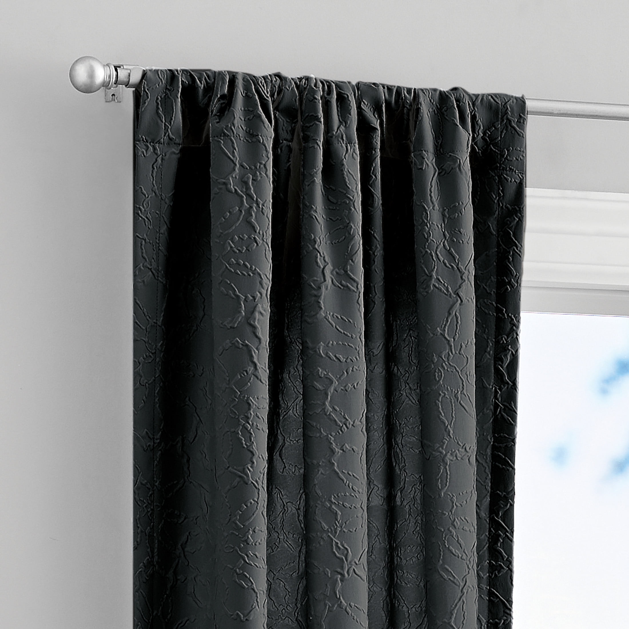 (2 pack) Mainstays Microsculpt Floral Rod Pocket Curtain Pair, Set of 2, Black, 37 in x 63 in