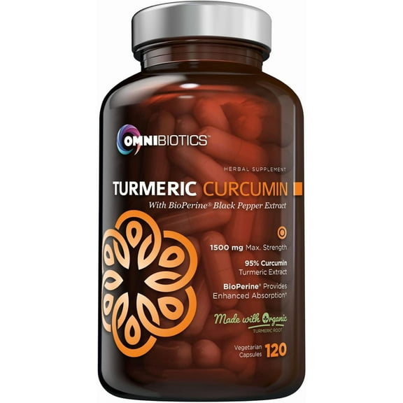 OmniBiotics Organic Turmeric Curcumin Supplement with Black Pepper Extract – 1500mg Turmeric with 95% Curcuminoids & BioPerine, High Absorption for Joint Support – 120 Vegan Capsules