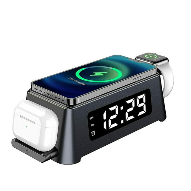 Multifunctional Fast Wireless Charger LED Digital Clock Portable Earphone Smart Watch Charging Station Black