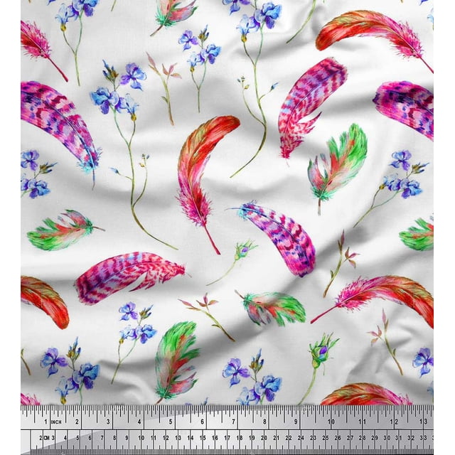 Soimoi Poly Georgette Fabric Flowers & Feather Printed Craft Fabric by The Yard 52 Inch Wide