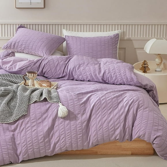 Duvet Cover Set Queen Size, 3pcs Washed Microfiber Purple Bedding Set, Soft Breathable Striped Textured Seersucker Duvet Cover with Zipper Closure & Corner Ties(Purple, Queen)