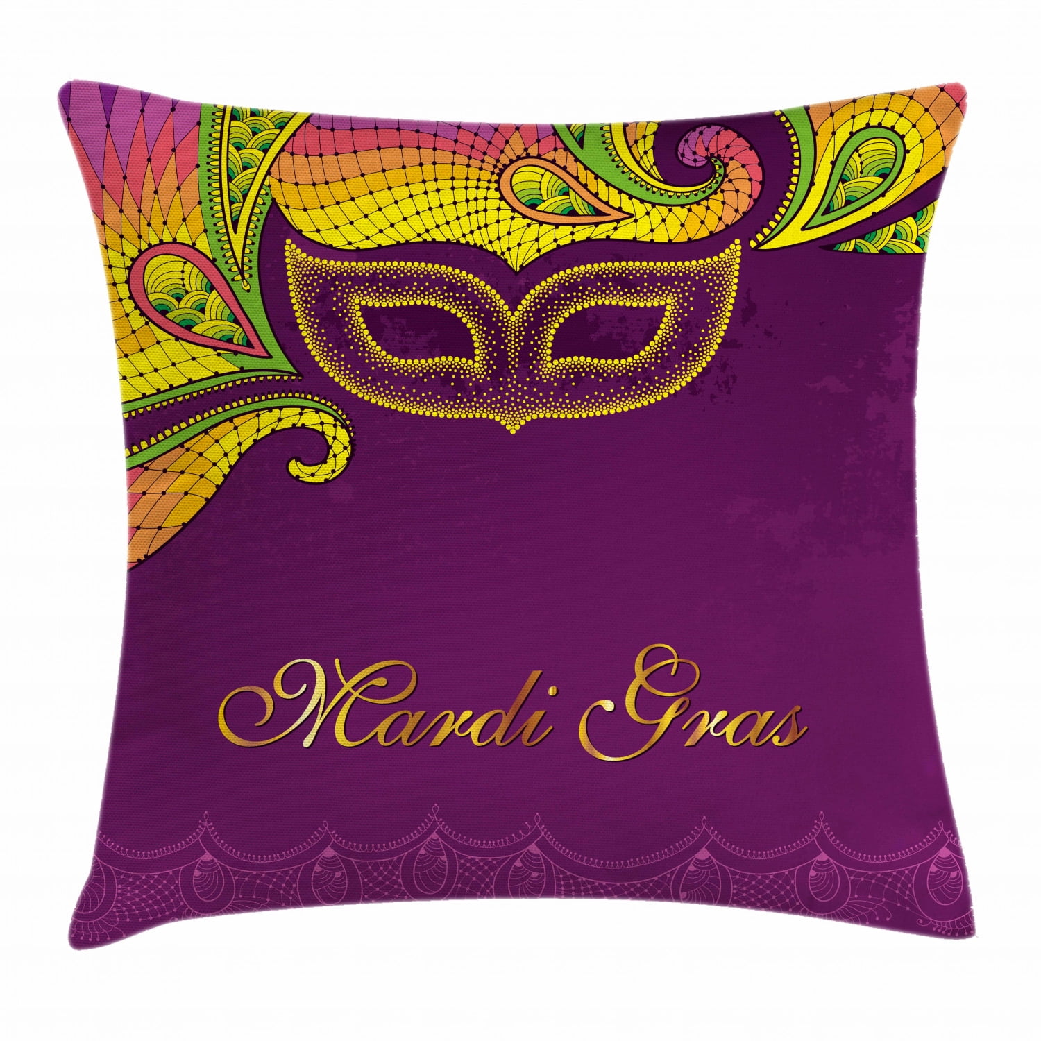 Mardi Gras Throw Pillow Cushion Cover, Colorful Lace Style Corner Ornaments Calligraphy and