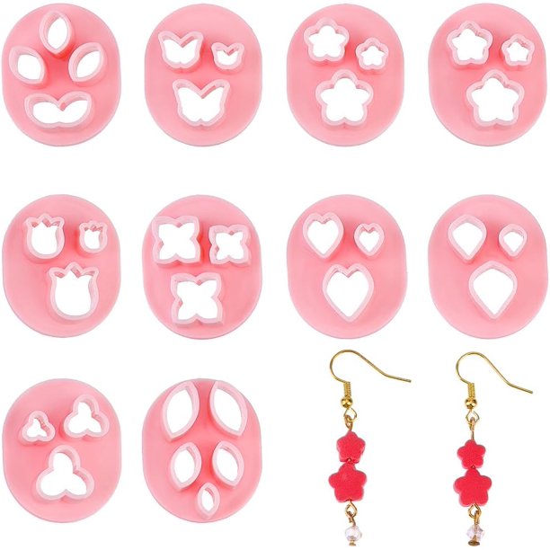 10 cortadores de arcilla polimérica de 10 estilos, de plástico rosa, con forma de rosa, corazón, mariposa, lágrima, para aretes.