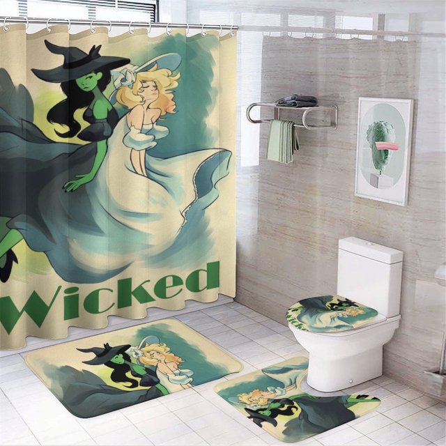 Juego de 4 cortinas de ducha Wicked con alfombrillas antideslizantes, tapa de inodoro y alfombrilla de baño, cortina de ducha impermeable con decoración de dibujos animados para baño con 12 ganchos,